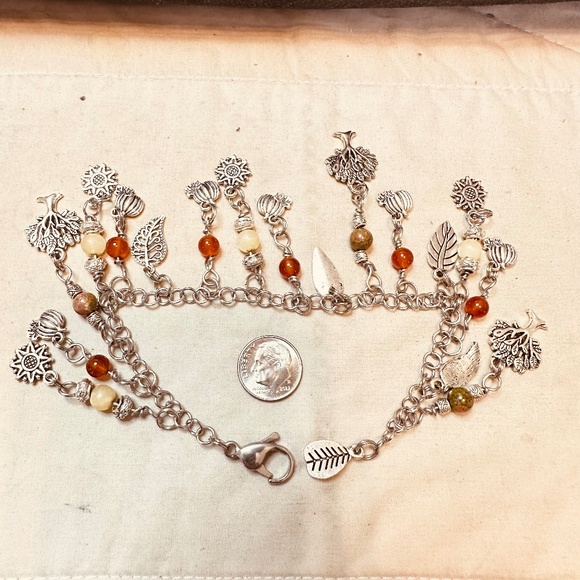 Stainless Steel Chain Bracelet Fall Charms & Crystal Beads Leaves Pumpkins Trees - Picture 6 of 15